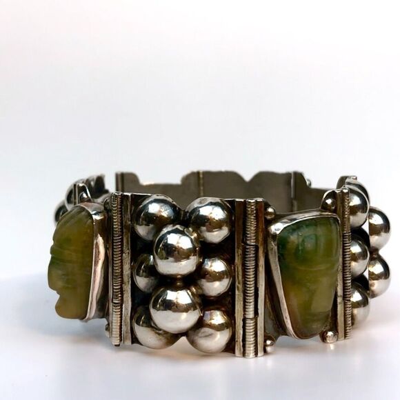 1930's Vintage Sterling Silver Cuff Bracelet Onyx Pre-Eagle Mexican Modernist - Picture 3 of 16